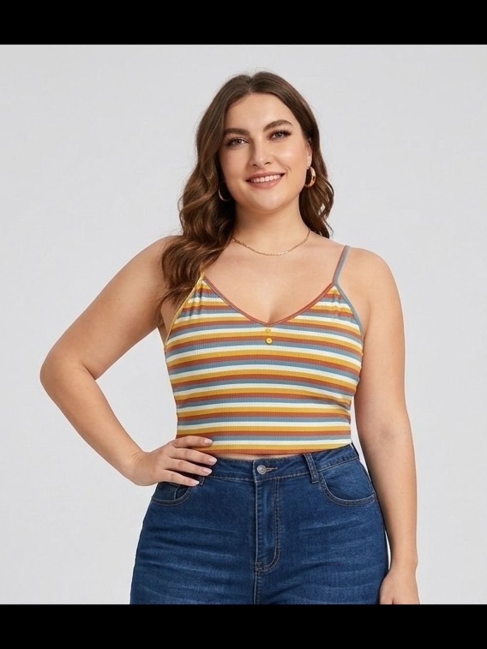 SHEIN Curve Striped Button Cami Crop Top Plus Size 2XL Multi Color Retro Knit